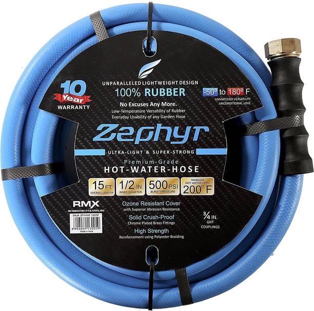 ZEPHYR Next-gen Garden Hose (1/2in. x 15ft., Blue, Rubber, Brass Fittings) Hose Pipe