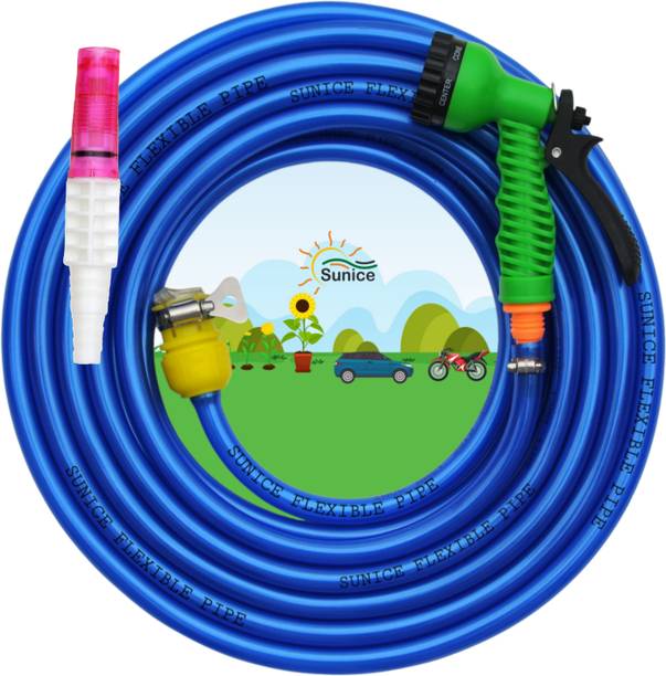 SUNICE 15 Meter Blue Flexible Hose Pipe (Diameter: ½’’, 12 mm) with 7 Pattern Spray gun Car Washing Multi Patterns Spray gun leak Proof Universal tap Adapter Premium Hose Pipe