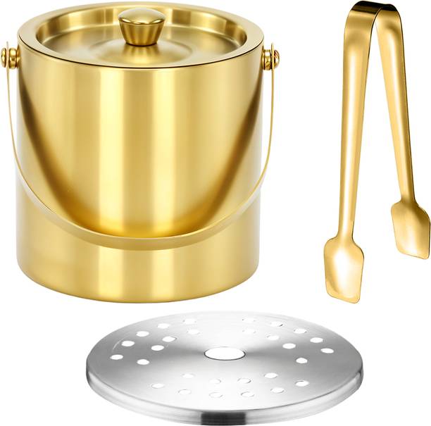 HASTHIP 3.16 L Steel Insulation Ice Bucket with Lid 1.4L Golden Stainless Steel Ice Bucket