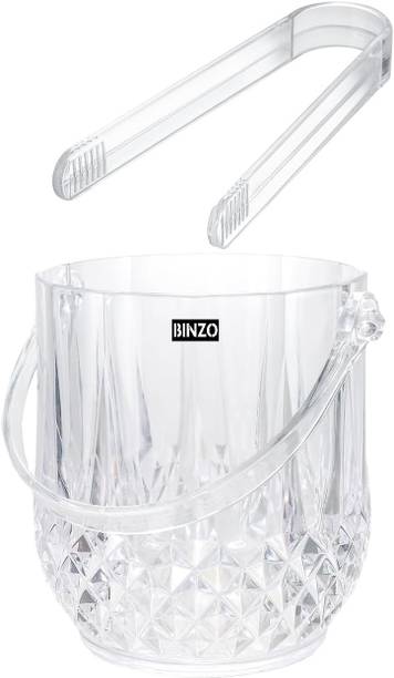 BINZO 0.95 L Glass Crystal Ice Bucket with Tong & Handle, Set of 1, 950 ml, Ice Buckets for Home Ice Bucket