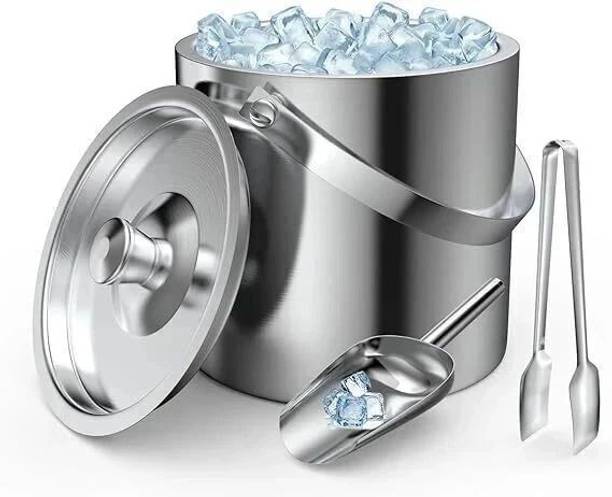 BARDECOR 1.5 L Steel Stainless Steel Ice Bucket matt 1.5 ltr with Tong And Ice Scooper Ice Bucket
