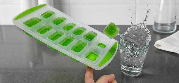 KSHUP Pop Up Ice Tray for Square Cubes Green Silicone, Plastic Ice Cube Tray