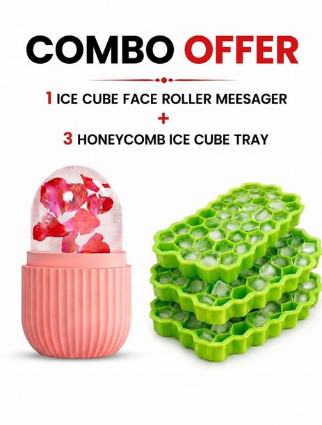 Reshapee Silicone Honeycomb 37-Cavity Ice Cube Tray (3 Pcs) & Pink Ice Face Roller (1 Pc) Green, Pink Silicone Ice Cube Tray