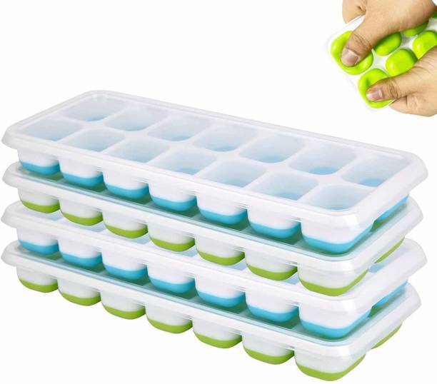 EMBICON 100% BPA FREE 14 Cavities Easy Release Pop up Ice Cube Tray With Lid Blue, Green Plastic, Silicone Ice Cube Tray