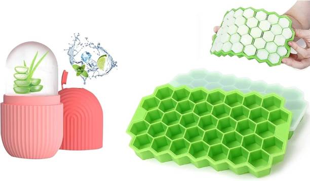 Fiyaan Combo of Honeycomb icecube tray and face roller Green Silicone Ice Cube Tray