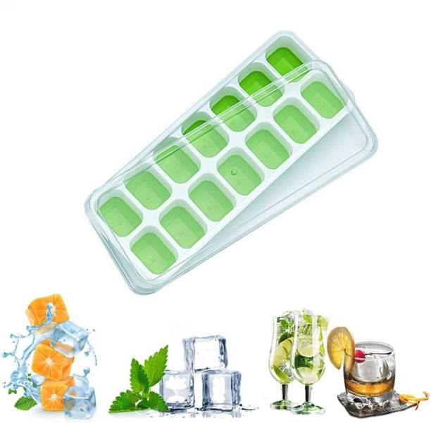 EMBICON 100% BPA FREE 14 Cavities Easy Release Pop up Ice Cube Tray With Lid Green Plastic, Silicone Ice Cube Tray