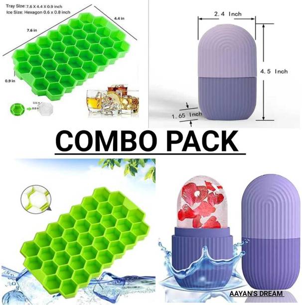 Aayans Dream Honeycomb Ice Tray (No Lid) with Purple Face Ice Roller Green, Purple Silicone Ice Cube Tray