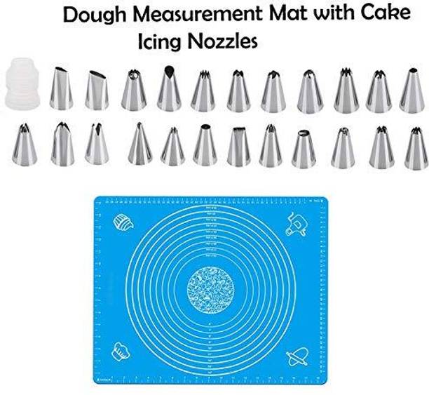 Naama Bakeware Silicone Cake Mat with Measurement Guide & 14-Piece Icing Nozzle Set Stainless Steel Multi-opening Icing Nozzle
