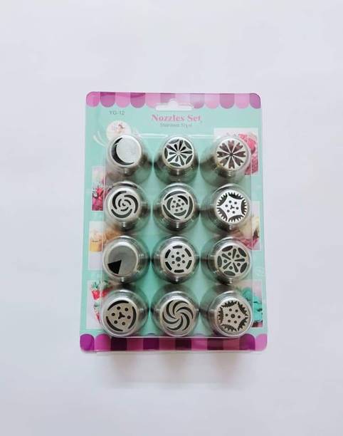 AL ATASH 12 Pcs Russian Nozzles Set | Stainless Steel Reusable Decorating Nozzles Set | Russian Ruffle Skirt Icing Piping Tips | Cake Decorating Tool Stainless Steel Round Icing Nozzle