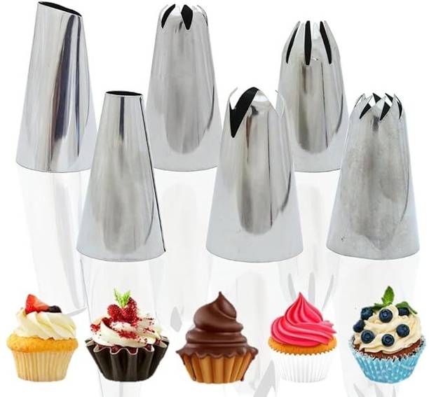 Bakedude Skytail 6Pcs Large Piping Tips Set Stainless Piping Kit(1A,336,124,853,6B,2E) Stainless Steel Multi-opening Icing Nozzle