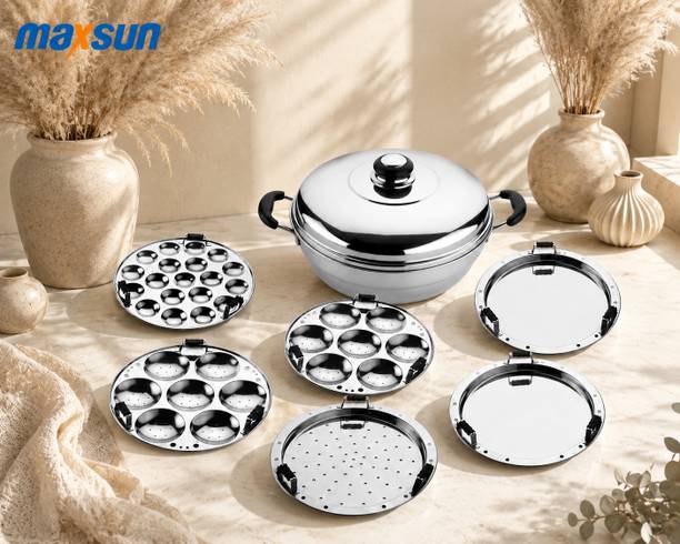 MAXSUN Momo Steamer Pot and Idli Dhokla Maker Set, Premium 3 Ply Steel, 5.5L Induction & Standard Idli Maker