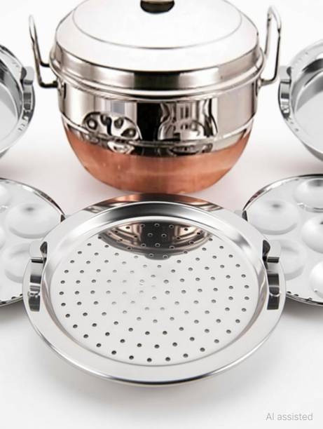 Silvester Stainless Steel Big Idli Cooker Multi Uses Kadai Steamer with Copper Bottom All-in-One Big Size 5 Plate 2 Idli | 2 Dhokla | 1 Patra | Momo's | 3 in 1 | (Copper Bottom) Standard Idli Maker