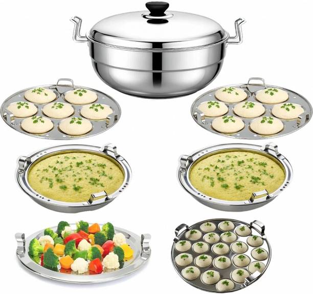 Sambhavnath Multi Kadai Steamer Big Size 6 Plate, 2 Idli|1 Mini Idli|2 Dhokla|1 Patra|Momo's Induction & Standard Idli Maker