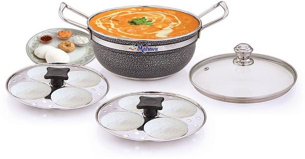 MAHAVIR Stainless Steel Idli Cooker Multi Kadai With Glass Lid Induction & Standard Idli Maker