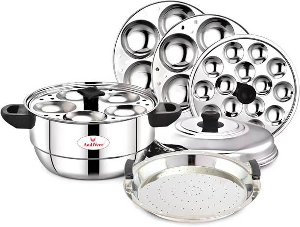 AadiVeer Stainless Steel Premium Idli Cooker With Mini Idli Plate & Steamer Plate Induction & Standard Idli Maker
