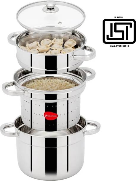 Klassi Kichen Stainless Steel (ALL IN ONE) Stainer, Steamer & Glass Lid Idli Plates Induction & Standard Idli Maker