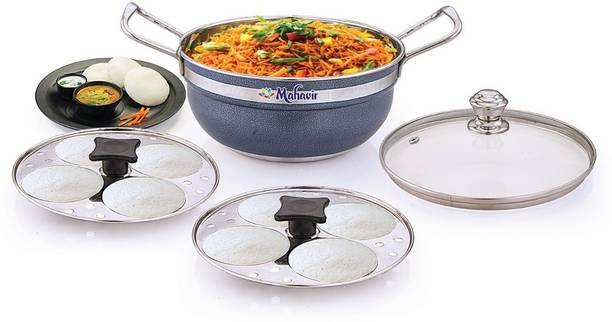 MAHAVIR Stainless Steel Idli Cooker Multi Kadai With Glass Lid Induction & Standard Idli Maker