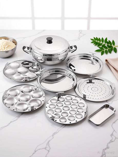 BuddyBox Idly maker steel with 02 Idli maker, 02 Dhokla maker, 1 Patra and 1Mini idli Induction & Standard Idli Maker