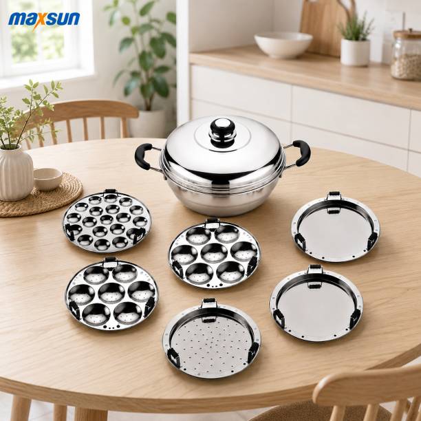 MAXSUN Momo Steamer 18 Gauge Steel Pot and Idli Maker Combo Cookware, 5.5L Set Induction & Standard Idli Maker