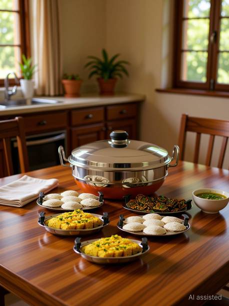 Lyticx All-in-One Stainless Steel Idli Cooker Multi Kadai Steamer with Favourite Contra Hard Anodised Copper Bottom Pot Set Includes, Big Size with 5 Plate Stainless Steel Steamer