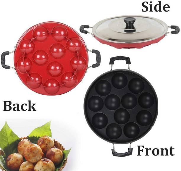 Masox Store Non-Stick 12 Cavity Handle Paniarakkal Idli Litti Batti Maker with Lid IK-116 Standard Idli Maker