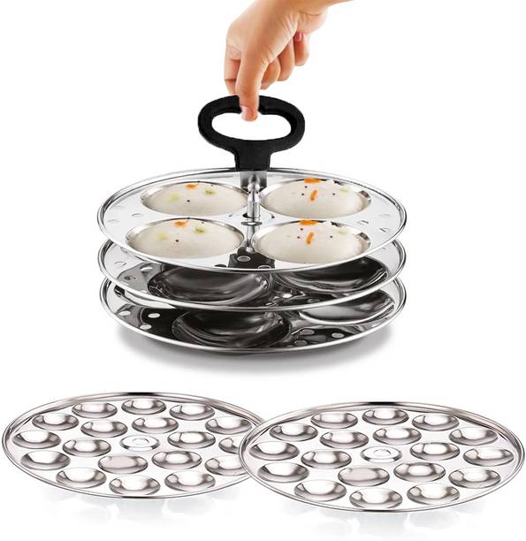 MISSIPPI Stainless Steel 3 Plate Idli Stand + 2 Mini Idli Plate - 2 in 1 Idli Stand Induction & Standard Idli Maker