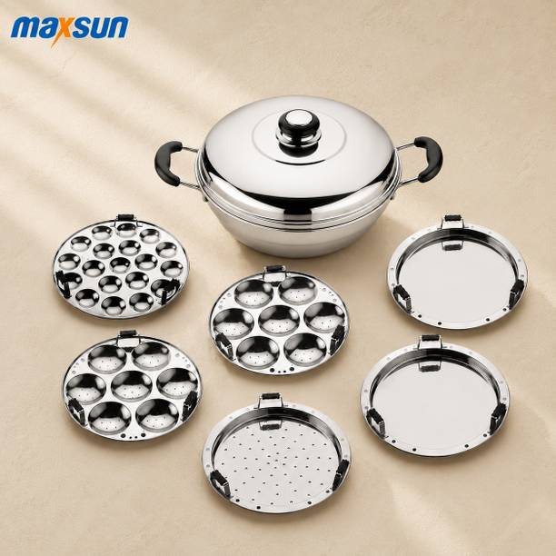 MAXSUN 6 in 1 Multi Kadai Steamer Set with Sturdy Handles, 5.5 Litre 3 Ply Induction & Standard Idli Maker