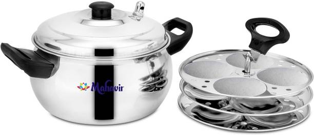 MAHAVIR Stainless Steel Idly Pot with 3 Idli Plates, Ballon Model - Silver Induction & Standard Idli Maker