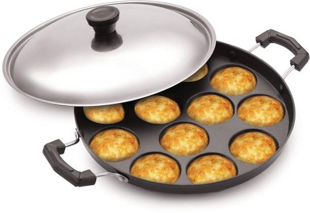 डायमंड स्टील Aluminium 12 Cavity Appam Patra | Paniyarakkal Two Side Handle with Steel lid स्टैंडर्ड इडली मेकर
