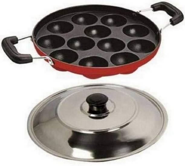 Masox Store Non-Stick 12 Cavity Handle Paniarakkal Idli Litti Batti Maker with Lid IK-74 Standard Idli Maker