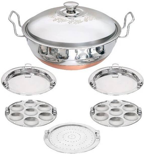 WAYMORE Stainless Steel Idli Cooker Multi Kadai Steamer with Copper Bottom All-in-One Big Size 5 Plate 2 Idli | 2 Dhokla | 1 Patra | Momo's | 28.5 cm Dia) (Copper Bottom) Standard Idli Maker