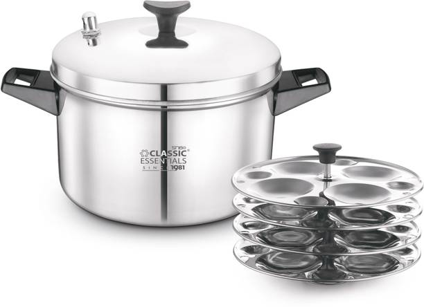 Classic Essentials Stainless Steel Idli Cooker with 4 Plates, 16 Idlis Silver Standard Idli Maker