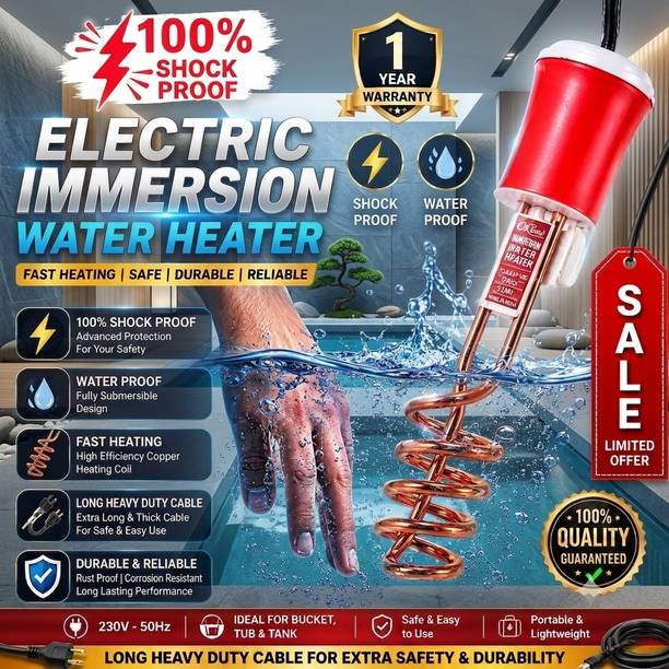 SGR WORKS ThermalPro Safety Certified 1500W Copper Chrome Fully Winter Water Heating Rod 2000 W Shock Proof Immersion Heater Rod