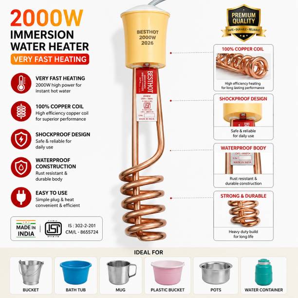 BESTHOT Immersion Water Heater Shock-Proof & Water-Proof 2000 W (copper) 2000 W Shock Proof Immersion Heater Rod