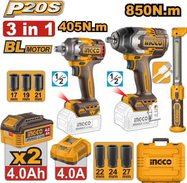 INGCO Cordless 3 pcs combo kit 850nm Impact Wrench and 405nm Impact Wrench Power & Hand Tool Kit
