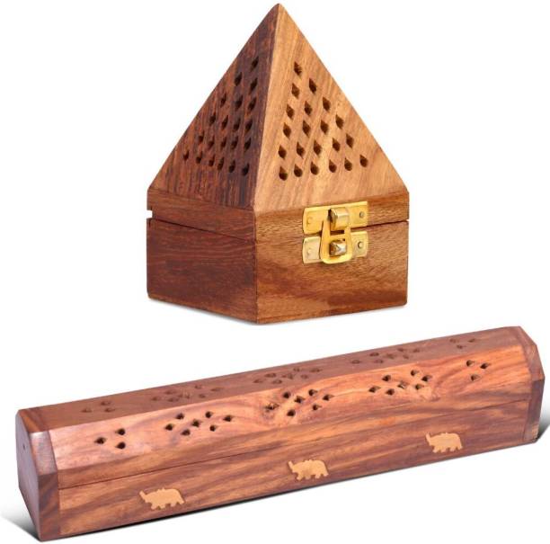 DigiRake Sheesham Wood Incense Stick Holder Combo, Pipe Shaped 10 Inch, 3 Inch Dhoop Stand Wooden Incense Holder Set
