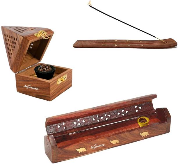 Signamio 3 Pcs Wooden Sambrani Dhoop & Incense Stick Agarbatti Holder Set for Pooja Wooden Incense Holder