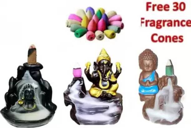 Shree Shyam Traders Adiyogi, Ganesha and Budda combo with 30 pcs fragrance cones Polyresin Incense Holder