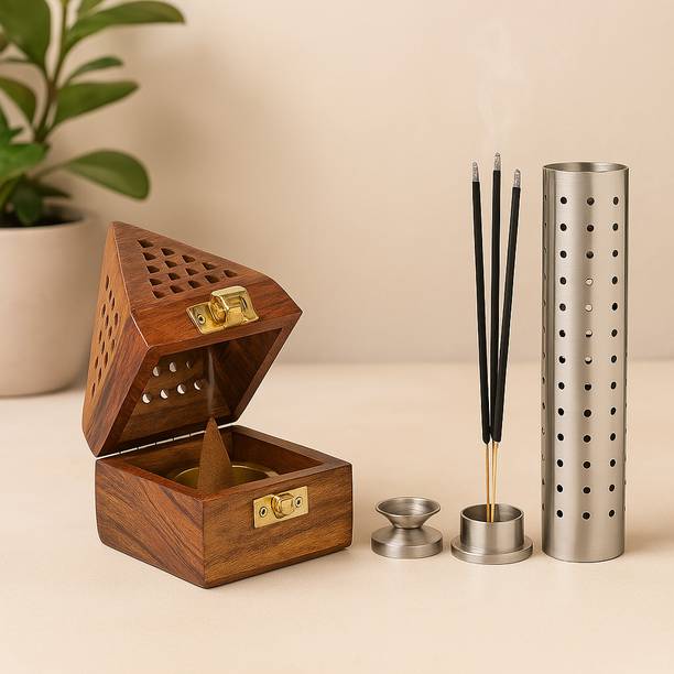 DigiRake Dhoop Stand + Agarbatti Stand (Combo 2 in 1) Wooden, Stainless Steel Incense Holder Set
