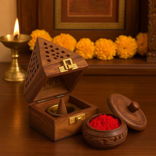 DigiRake Sheesham Wood Dhoop Stand, Sindoor Dibbi, Kukum Barani Combo Wooden Incense Holder Set