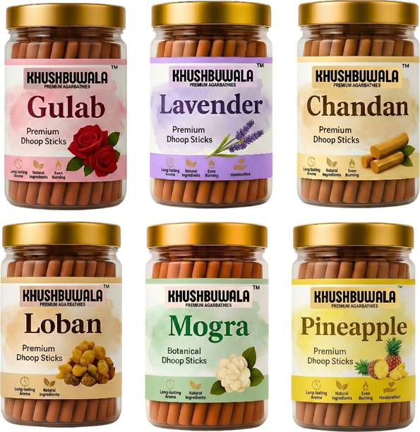 Khushbuwala Agarbatti 6-in-1 Dhoop Stick Jar Combo | Charcoal Free | 6 x 100g Fragrance DRY DHOOP STICK PREMIUM CHANDAN, GULAB, MOGRA, LOBAN, GUGGAL, LAVENDER, CHANDAN