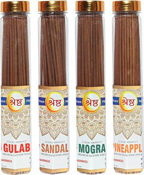 श्रेष्ठा लक्ज़री प्रीमियम इन्सेन्स स्टिक्स अगरबत्ती (4 X 100GMS) बॉटल पैक गुलाब / रोज़, चंदन / सैंडल, मोगरा, अनानास अगरबत्ती