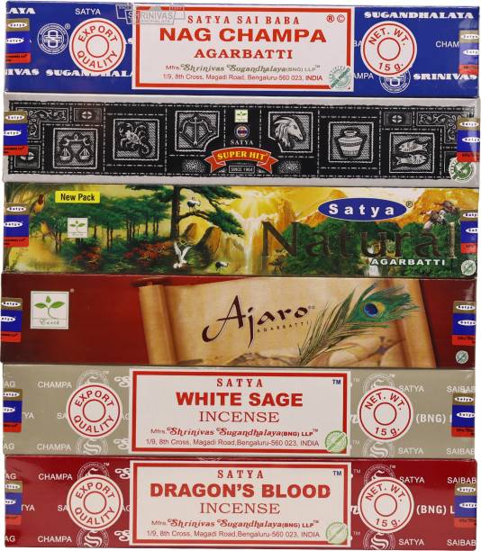 Earth Satya Assorted Incense Sticks, 100% Charcoal Free Agarbatti (Pack of 6) NagChampa, Super Hit, Ajaro, Natural, Dragon's Blood, White Sage Fragrance Stick