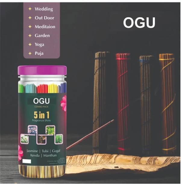 OGU Carnival Collection Premium Incense Sticks Agarbatti Remover Agarbatti 5 in 1 Jasmine, Tulsi, Gugal, Kevda, Manthan Pooja Items