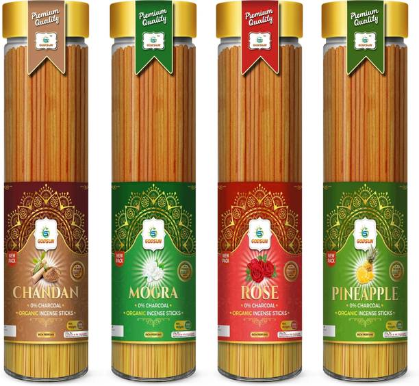 GODSUN Chandan, Mogra, Rose, Pineapple Agarbatti Jar (4×100)400gm. No Charcoal Incense 4 Different fragrances