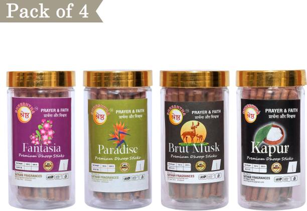श्रेष्ठा PREMIUM PERFUME KAPUR PARADISE FANTASIA BRIUT MUSK (4X100G)400G अगरबत्ती