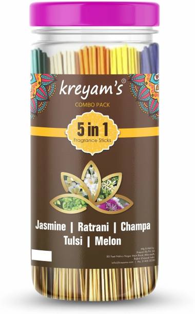 Kreyam's Agarbatti Combo Pack 5 in 1 Incense sticks Jasmine, Ratrani, Champa, Tulsi, Melon 225 Sticks For Pooja Items