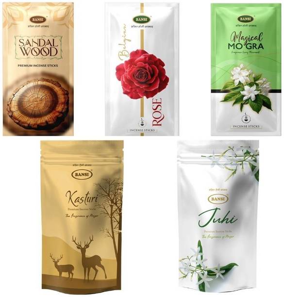 BANSI Signature Agarbatti for Spiritual & Divine Puja Experience ( Incense Sticks) Sandalwood, Mogra, Rose, Kasturi, Juhi