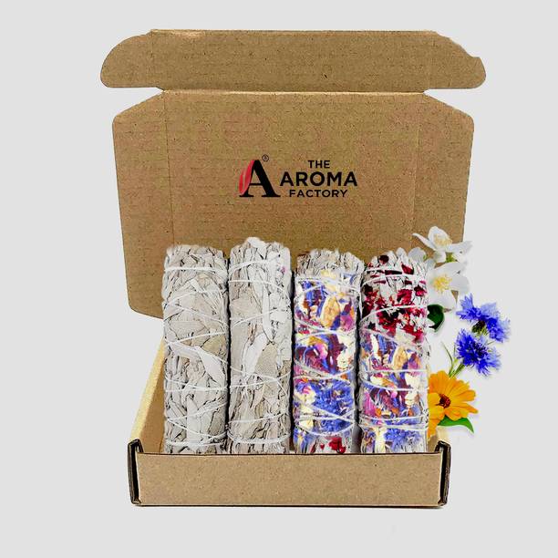 The Aroma Factory White Sage with Mix Flowers Bundle (Dry Leaves Smudging) 4 Bundles x 30g (6 Inch x 30g Each) Removes Negativity, Aura Cleansing, 1 Box
