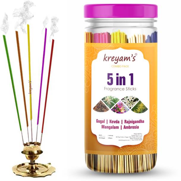 Kreyam's Highly Fragranced Premium Natural Incense Stick Gugal, Kevda, Rajnigandha, Mangalam, Ambrosia 225 sticks Pooja Items